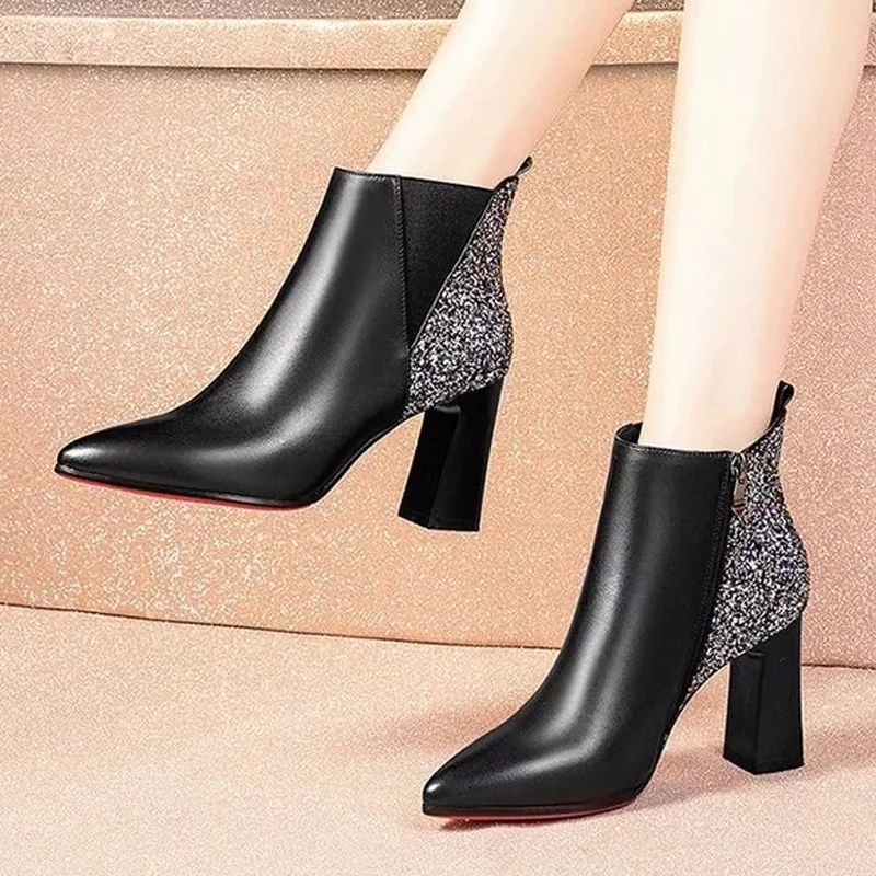

Women Ankle Boot Solid Zipper Shoes Ladies High Square Heel Pointed Toe Short Sequin decoration Booties Zapatos De Mujer C12-99