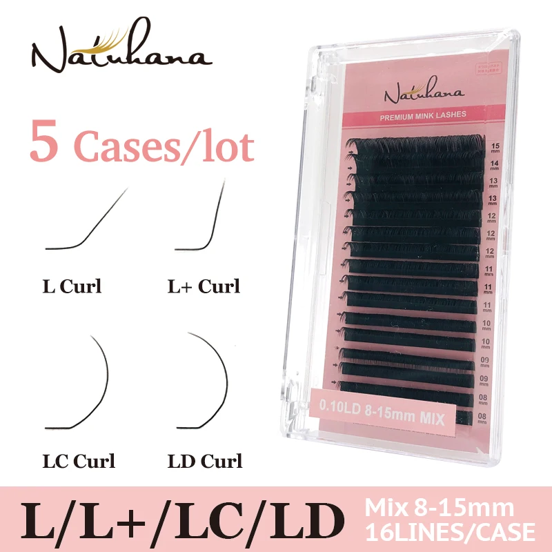 

NATUHANA 5Cases/lot 16rows/tray 8~15mm L Curl MIX Mink Eyelash Extension, L Lashes, L False Eyelashes, L Individual Eyelashes