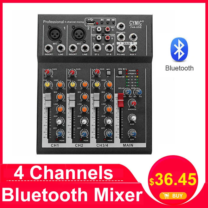 Comprar LEORY mezclador profesional de DJ 4 canales consola de mezcla de sonido bluetooth para Karaoke KTV con conector USB MP3 mezclador de Audio en vivo