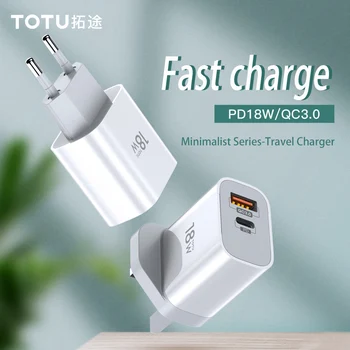 

TOTU 18W EU UK Quick Charger QC3.0 PD Fast USB Charger For iPhone X XS 11 Samsung S10 Xiaomi mi9 Travel Wall Home office Adapter