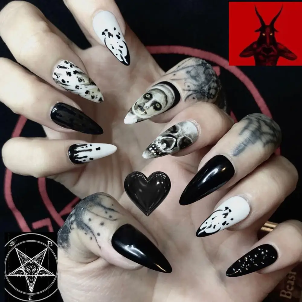 Uñas postizas de cobertura completa, uñas acrílicas de cabeza de fantasma  Punk, negro oscuro, prediseño, 24 unidades por caja - AliExpress Belleza y  salud