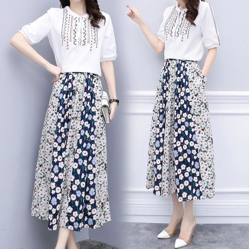 

Skirt Set Summer 2019 Cotton Floral-Print Crew Neck High-waisted Pullover Two-Piece Set A- line Skirt Short-sleeved Long Dress E