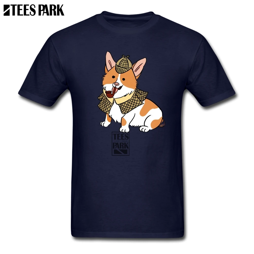 Tops Short Sleeve Tees Sherlock Corgi White T Shirt Men's 100% Cotton Tee Shirts Geek Navy Men | Мужская одежда