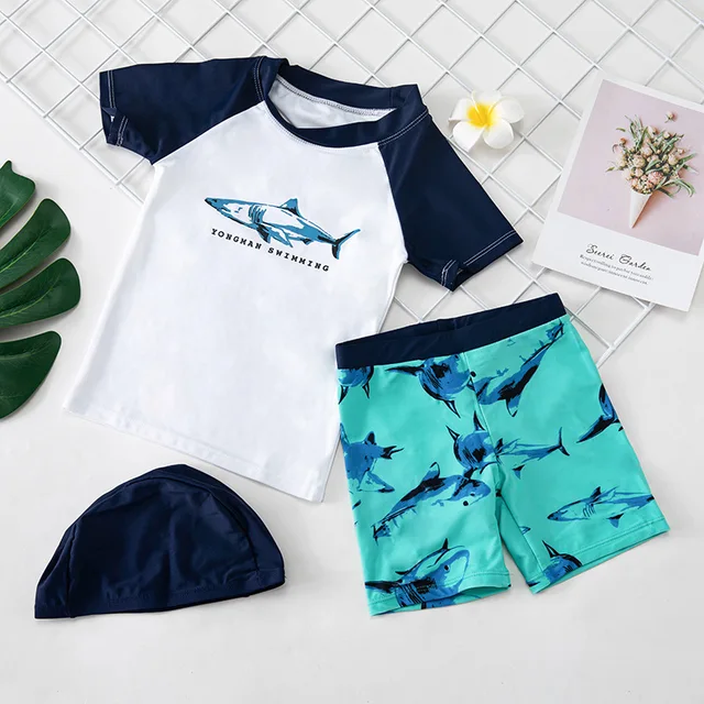 Baby Swimsuit UV Protection Children's Swimwear and Swimming Trunks for Boys 3 Pieces Rash Guard Toddler Boy Bathing Suit Kids YM08 White Shark