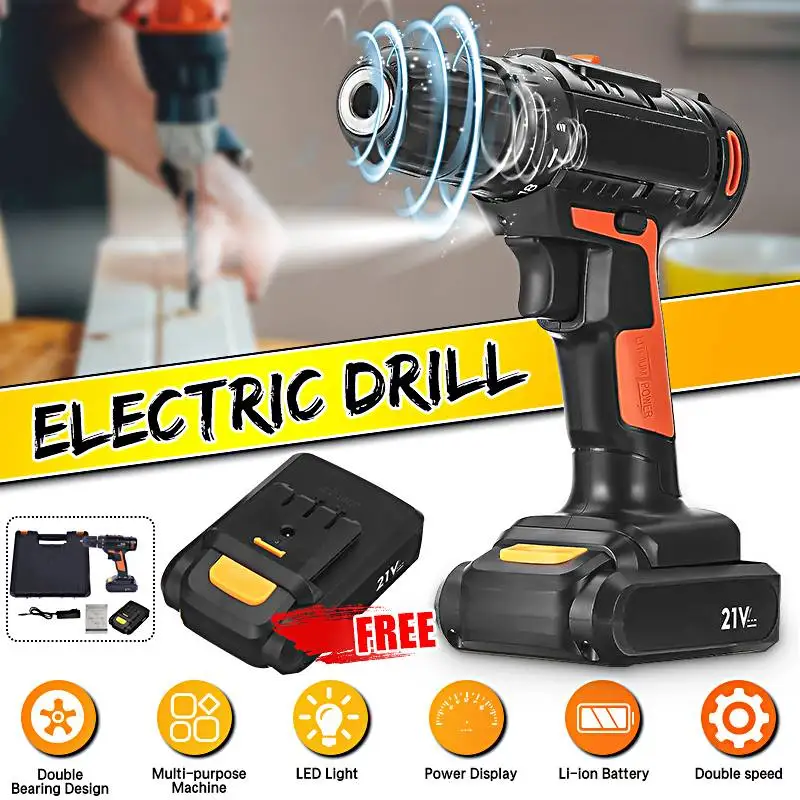 

Becornce 21V Rechargeable Multifunctional Household Electric Hand Drill Lithium Cordles Electric Drill W/lamp 2-Speed Power Tool