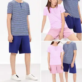 

2020 Fashion 2PCS/Set Unisex Pajama Set Striped Print Sleepwear Loose Short Sleeve Pants Pyjamas Couple Casual Home Service Suit