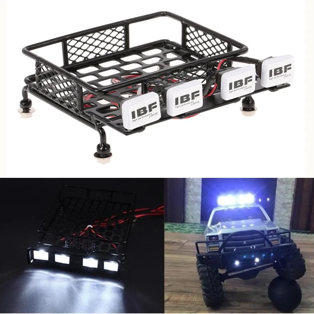 RC Car 1/10 Metal Roof Rack & 4 Square LED Light (with Lampshade) for 