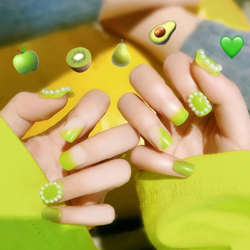 Uñas postizas acrílicas verdes fluorescentes, arte de uñas Sexy y duradero,  24 piezas, decoración de perlas|Uñas postizas| - AliExpress