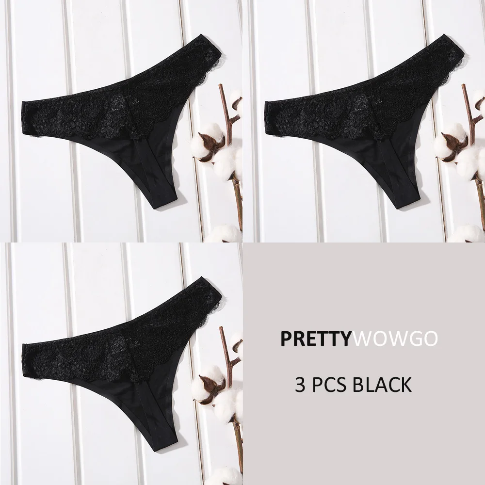 Черный Prettywowgo 3 шт./партия Горячая Распродажа женское нижнее белье 10 цветов Низкая посадка стринги Бесшовные сексуальные кружевные трусики танга M L XL XXL 904 - Цвет: Черный