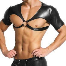 Мужской нагрудный ремень Открытая грудь из искусственной кожи бондаж белье Экзотический костюм фетиш бдсм короткий рукав гей укороченный Топы вечерние клубная одежда