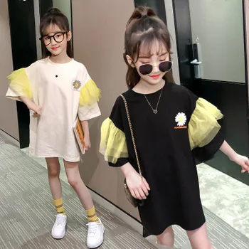 

Girls' T-shirt dress summer dress new version children's fashion stitching lace net pleated little daisy printed princess dress