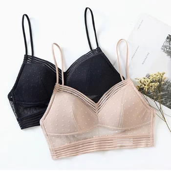 

Sale Sexy Low Back Lace Bralette White Bra Crop Top Polka dot mesh Ultra Thin Underwear Women Lingerie Sexy Tank Tops Bra