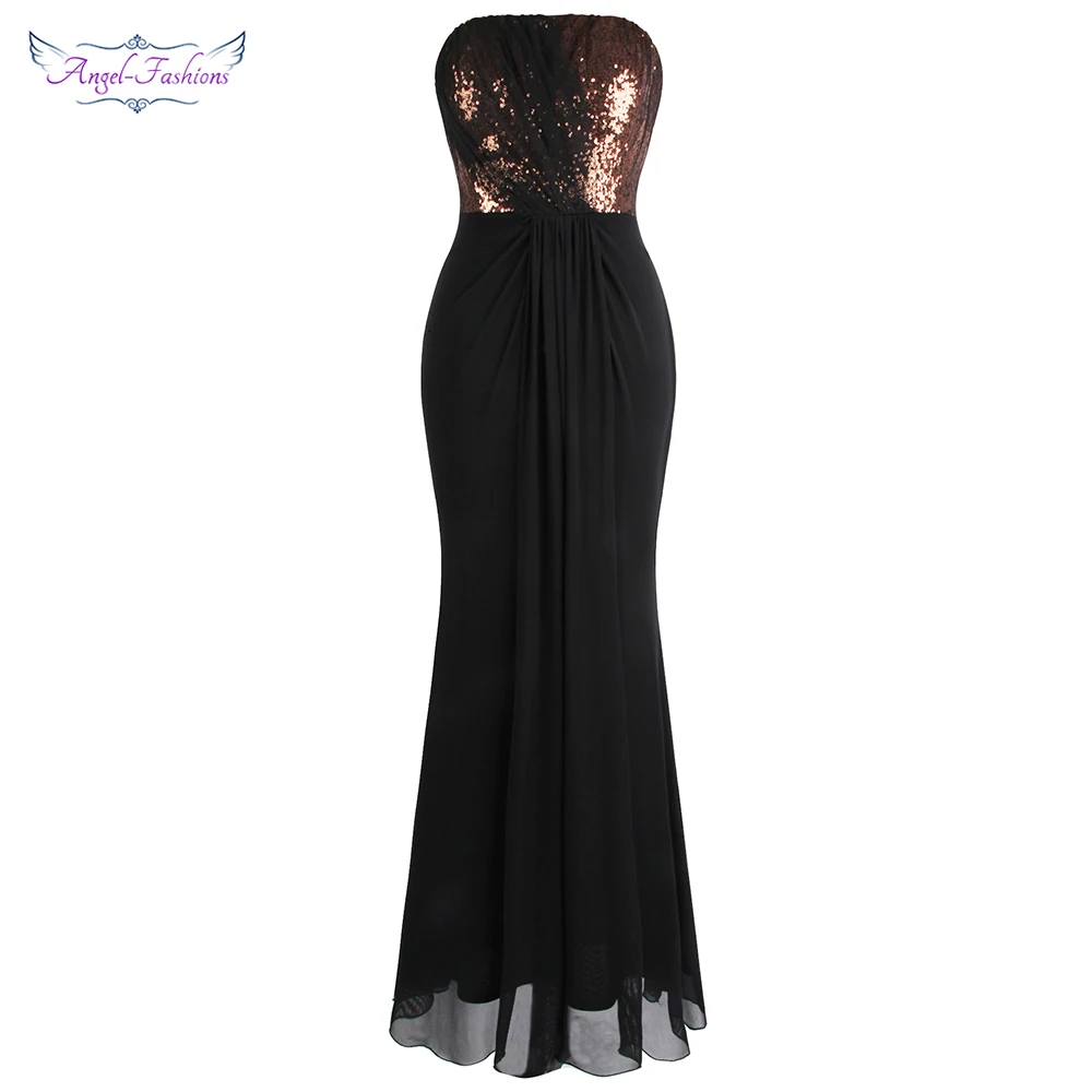 Angel-fashions женское платье без бретелек с блестками Плиссированное длинное облегающее платье винтажное вечернее платье Черное J-190904-S