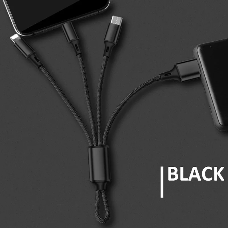 18 см портативный 3 в 1USB Быстрая зарядка мульти зарядный нейлоновый плетеный кабель для iPhone Xs Max type C Android samsung провод кабель - Цвет: Black