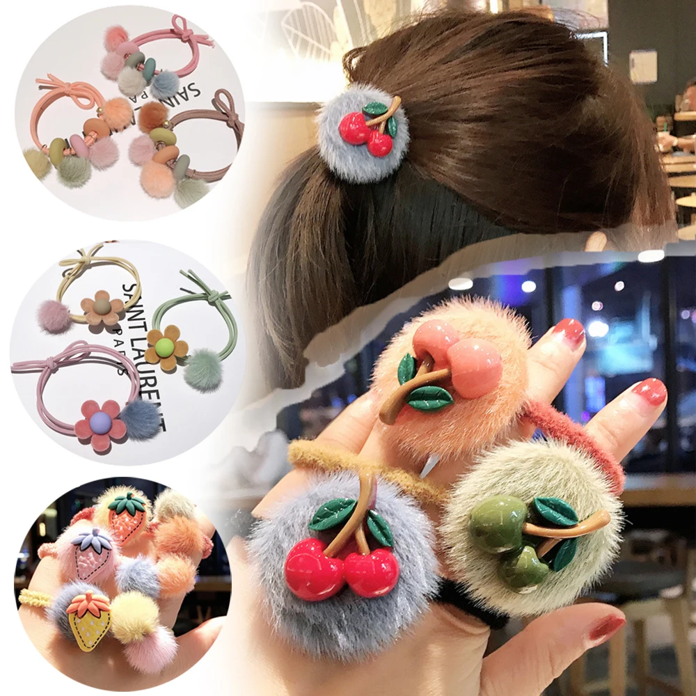 

1PC Plush Flower Cherry Headband Hair Scrunchie Elastic Hair Bands Women Girls Headwear Hair Accessories Ponytail Holder