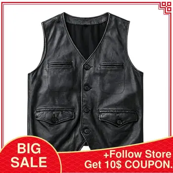

2020 Vintage Black Men Short Casual Leather Vest Large Size XXXXL Genuine Cowhide Spring Slim Fit Russian Fashion Leather Vest