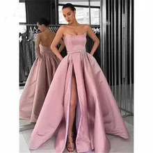 Новейший дизайн, атласное платье для выпускного с открытой спиной, карманами, поясом, Сексуальные вечерние платья с высоким разрезом, вечерние платья, Robe De Soiree