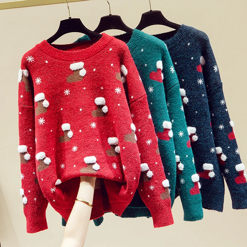 

Thickened new style Christmas red loose sweater Korean lazy style versatile knitted top and sweater