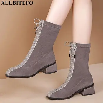 

ALLBITEFO hot sale genuine leather+Elastic flock Square toe women boots Frenulum ankle boots Autumn Winter Classic fashion boots