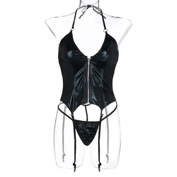 Erotic Costumes Babydoll Sexy Leather Lingerie Women Zipper Sexy Underwear Thong With Garter Lenceria Set Porno Teddy Sex Corset 4