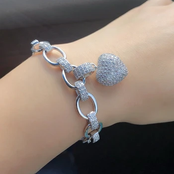 

Elegant Love Heart Bracelets Gold Color Bling zircon Charm Link Chain Bangles Female Bride Fashion party Jewelry Girl Gift 2020