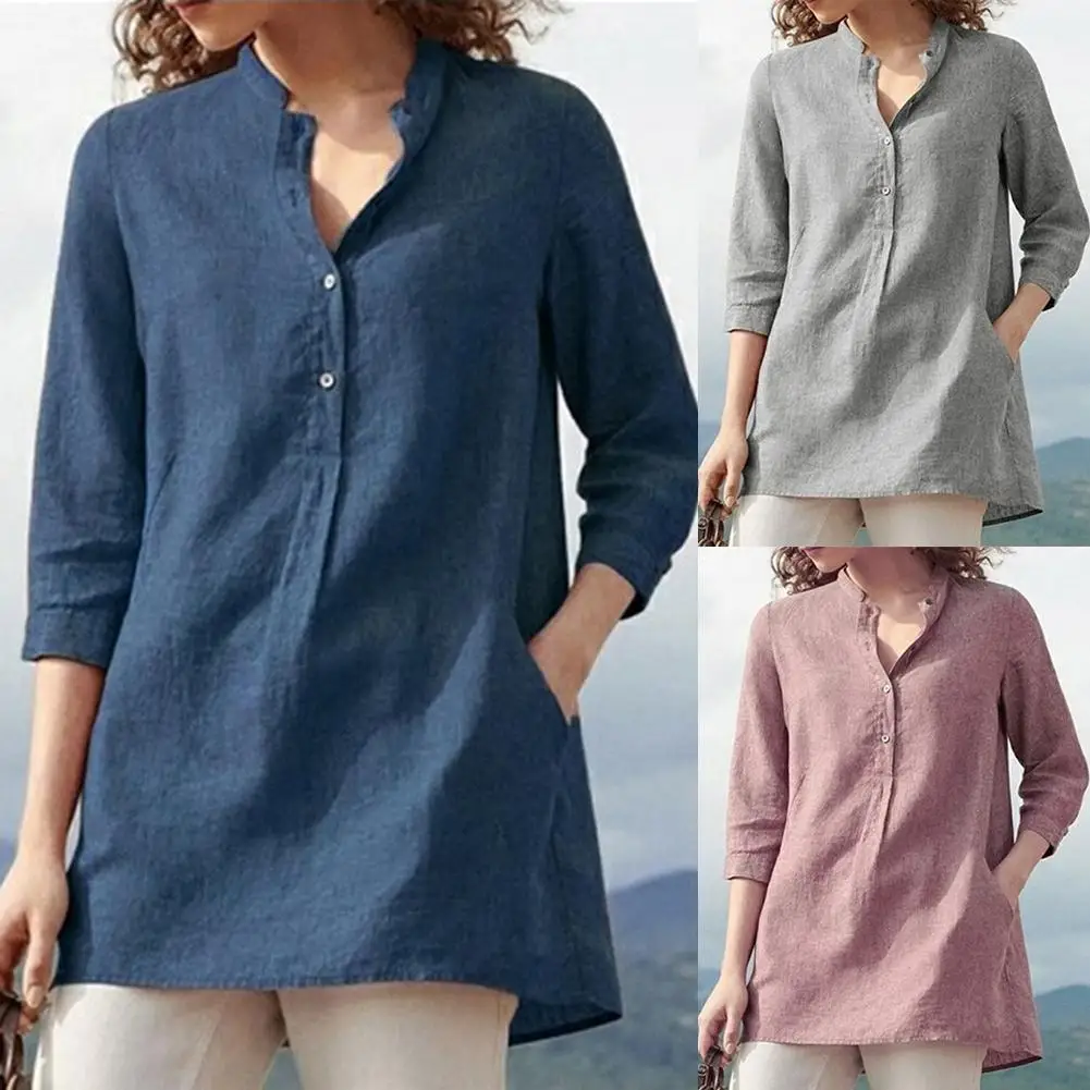 Women's blouses spring autumn tops leisure white shirts button v neck cardigan top loose long sleeve linen shirt cotton blouses satin shirts for women