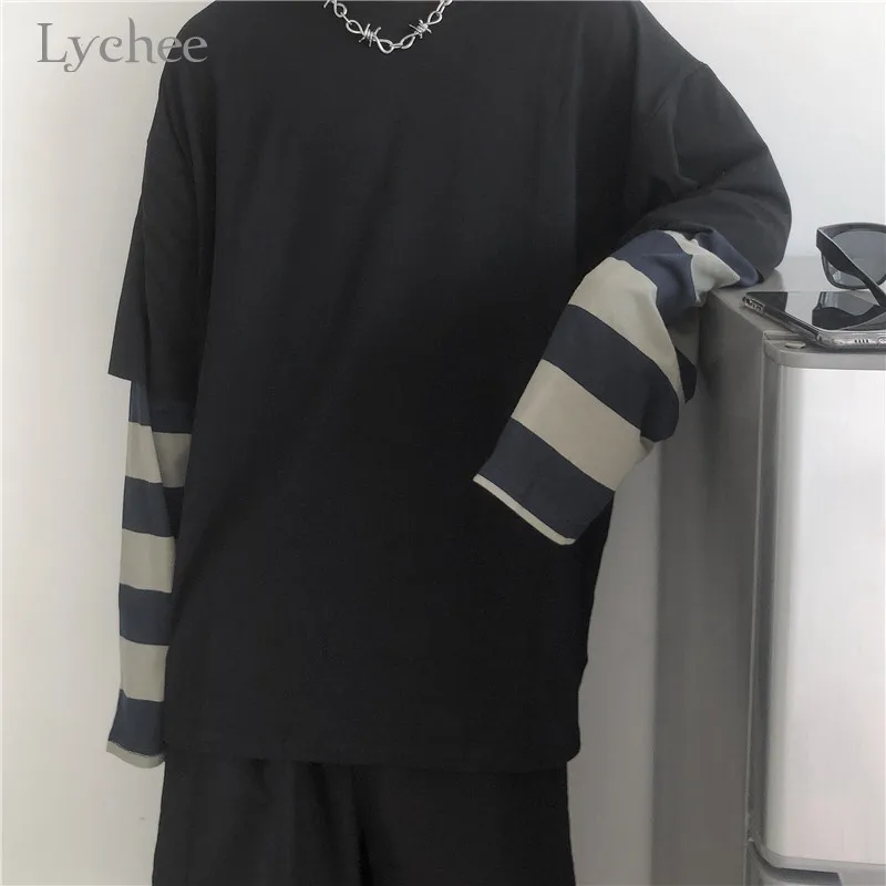 Lychee Harajuku хит цветная Лоскутная Женская футболка Топ Футболка с вырезом лодочкой женские футболки топ тройники в полоску Поддельные 2 штуки женские футболки