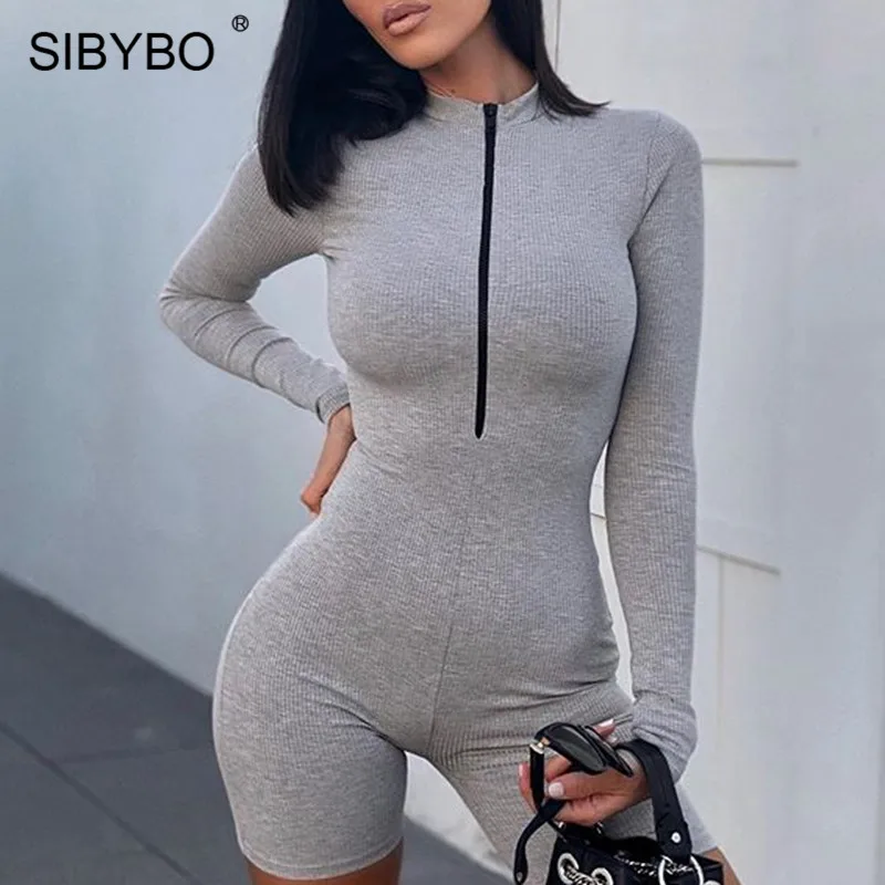 SIBYBO Ribbed Sport Wear Casual Playsuits Womens Jumpsuit Long Sleeve Zipper Summer Women Rompers Sexy Short Women Jumpsuit SIBYBO Ribbed Sport Wear Casual Playsuits Womens Jumpsuit Long Sleeve Zipper Summer Women Rompers Sexy Short Women Jumpsuit