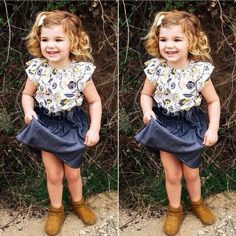 

2PCS Fashion Clothes-Sets Outfit Floral Fly Sleeve Baby-Girl Infant Cute Top-T-Shirt Denim Solid Skirt Summer 6M-4Year