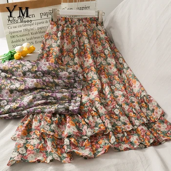 

YuooMuoo New Coming 2020 Women Chiffon Skirt Summer Flower Print Elegant Ruffles Skirt Ladies Vintage High Waist Midi Skirt