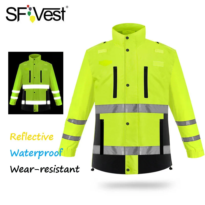 

Men's Jacket Rain Coat Fluorescent Yellow and Black Thick Waterproof 3M Reflective In 300m