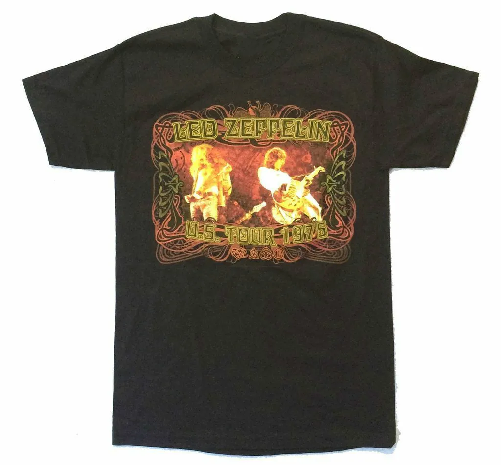 

Led Zeppelin Gold Picture US Tour 1975 Black T Shirt New Official Reissue