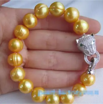 

Fashion jewelry Free Shipping new leopard head 11-12MM SOUTH SEA golden PEARL bracelet