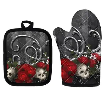

Oven Glove Mat Pot Pad Heat Proof Microwave Polyester Kitchen Protector Gothic Skull Pattern Home Cooking BBQ Baking Accessories