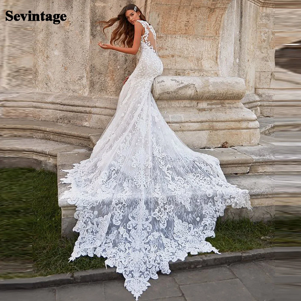

Sevintage Ivory Mermaid Wedding Dresses Luxury Lace Appliques Tulle Bridal Gowns with Train Sweetheart Sleeveless Wedding Gown