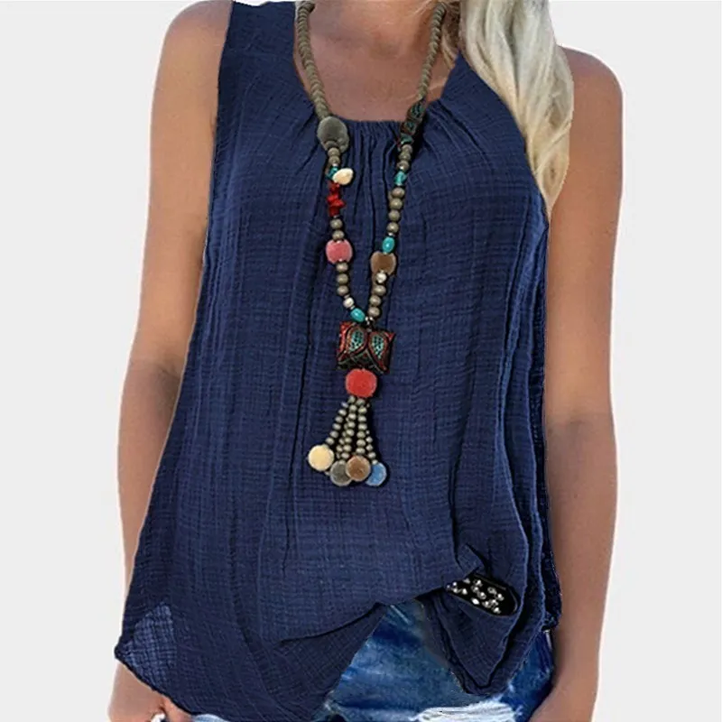 

Nice 7 Colors 5Xl Casual Women Summer Plus Size Camis Solid Sleeveless Cotton Linen Tank Top O-Neck Pleated Loose Tops