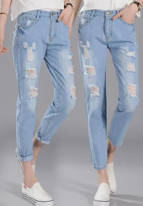 Модные рваные женские джинсы с эластичной талией, женские джинсы с высокой талией, Женские джинсовые штаны для мам, женские джинсы для женщин в стиле бойфренд - Цвет: Light Blue