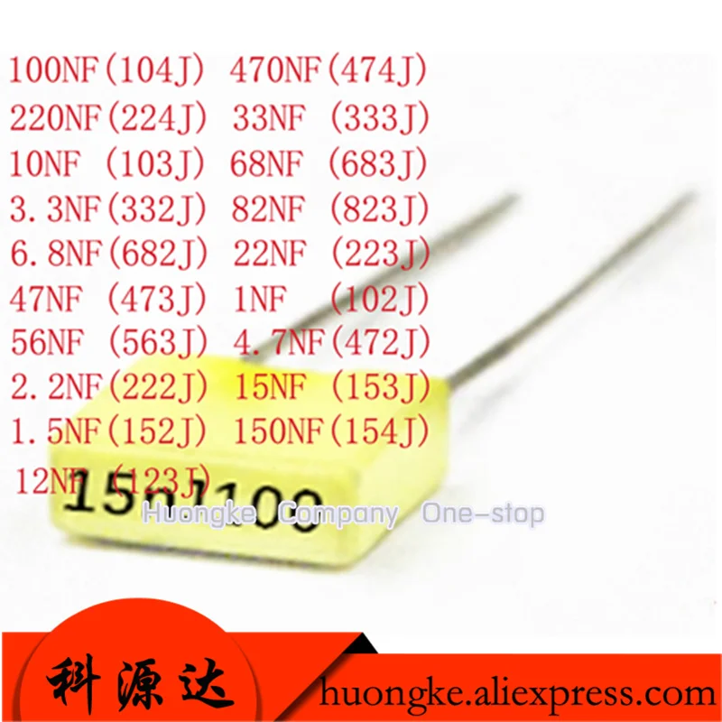 100pcs Polypropylene Safety Plastic Film 100V 1nF ~ 470nF 100nf 220nf 10nf 47nf 22nf 1nf 0.47uf 0.1uf Correction capacitor P5MM (3)