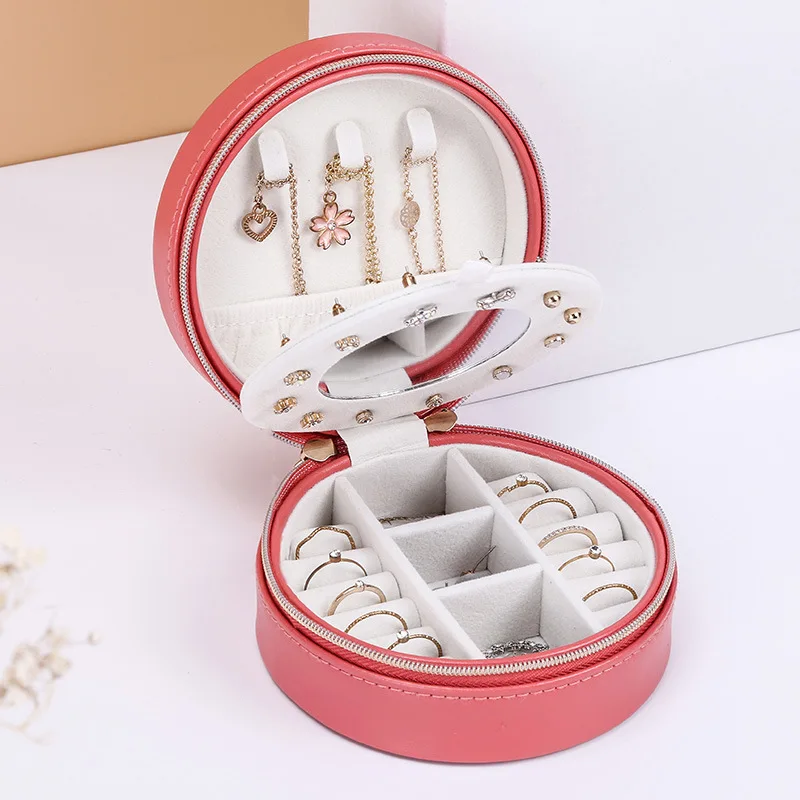 

High Grade Round Portable Jewelry Box Soft PU Leather Sweet Small Fresh Jewelry Holder box