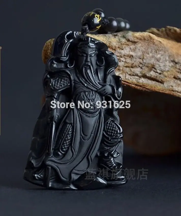beautiful Black 100% Natural A Obsidian Carved guan yu Necklaces pendantbeautif-4