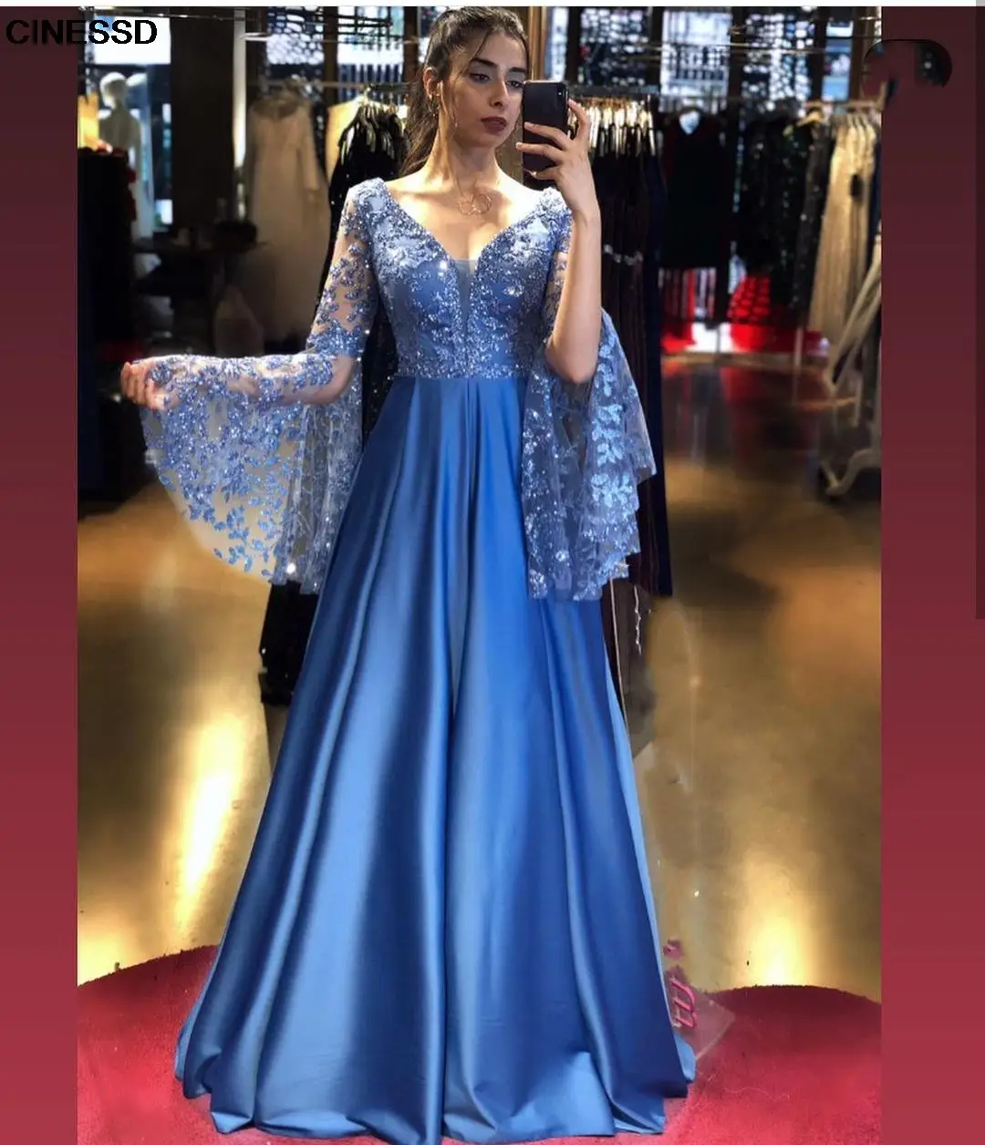 Blue Evening 2021 Long Flare Sleeve A-Line Satin Appliques Sequins V-Neck Backless Brilliant Princess Prom Gown فساتين السهرة |