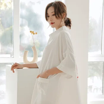 

Fiklyc Nightdress Female Summer Ice Silk Sexy Thin White Shirt Long Section Home Service Silk Can Be Worn Outside