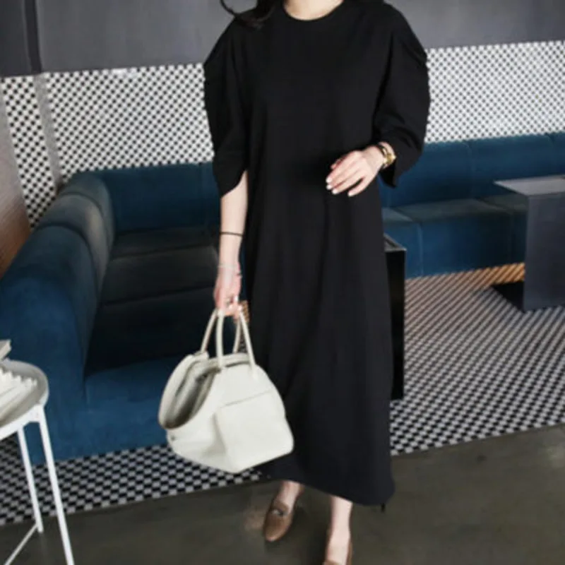 LANMREM Spring New Casual Fashion Temperament Women Loose Plus Solid Color Split Round Neck Sleeve Dress TC655
