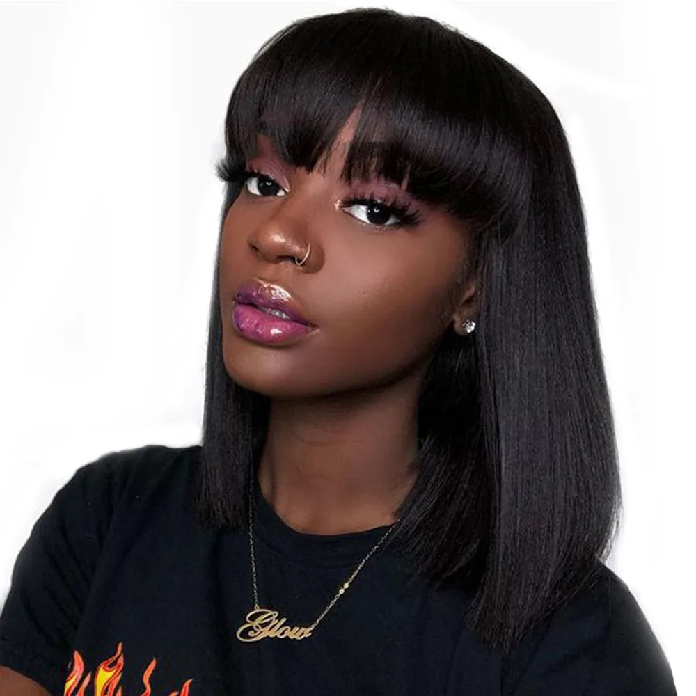 

Short Lace Front Human Hair Wig Brazilian Remy Hair 13x6"deep Parting Straight Wig with Bangs 8"-16" PrePlucked 130%150% Density