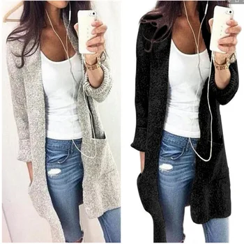 

Women Casual Solid Color Loose Knit Long Cardigan Long Sleeve Tops With Pockets