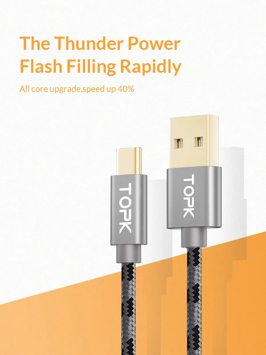 TOPK usb type C кабель, ультра прочный нейлоновый плетеный кабель для быстрой зарядки USB C для MacBookXiaomi 4C/Letv и т. Д