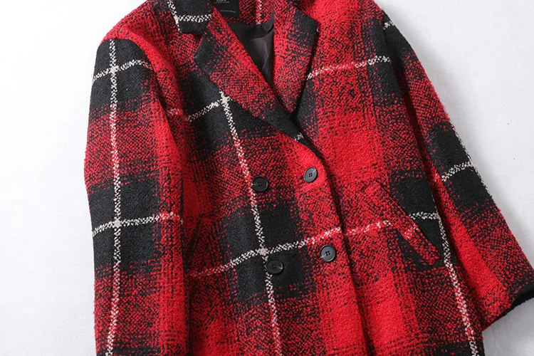 Qk16 Autumn And Winter WOMEN'S Dress V Collar Coat Double Breasted Straight-Cut Loose-Fit Woolen Red Grid Tweed