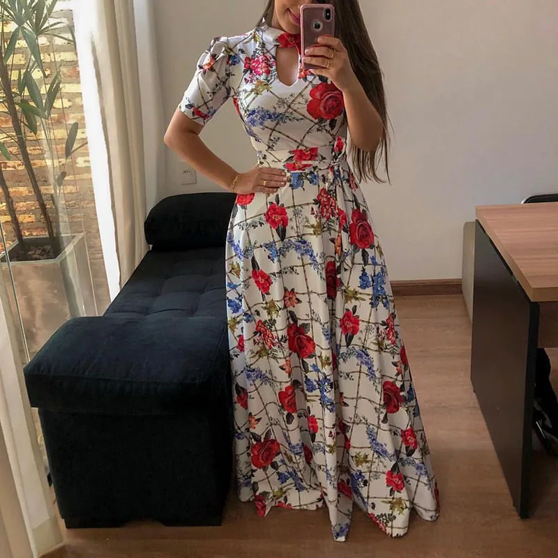 

Women Summer Print Floral Casual Long Maxi Dress Plus Size S-5XL Short Sleeve Bandage Lady Elegant Party Robe Dress Vestidos