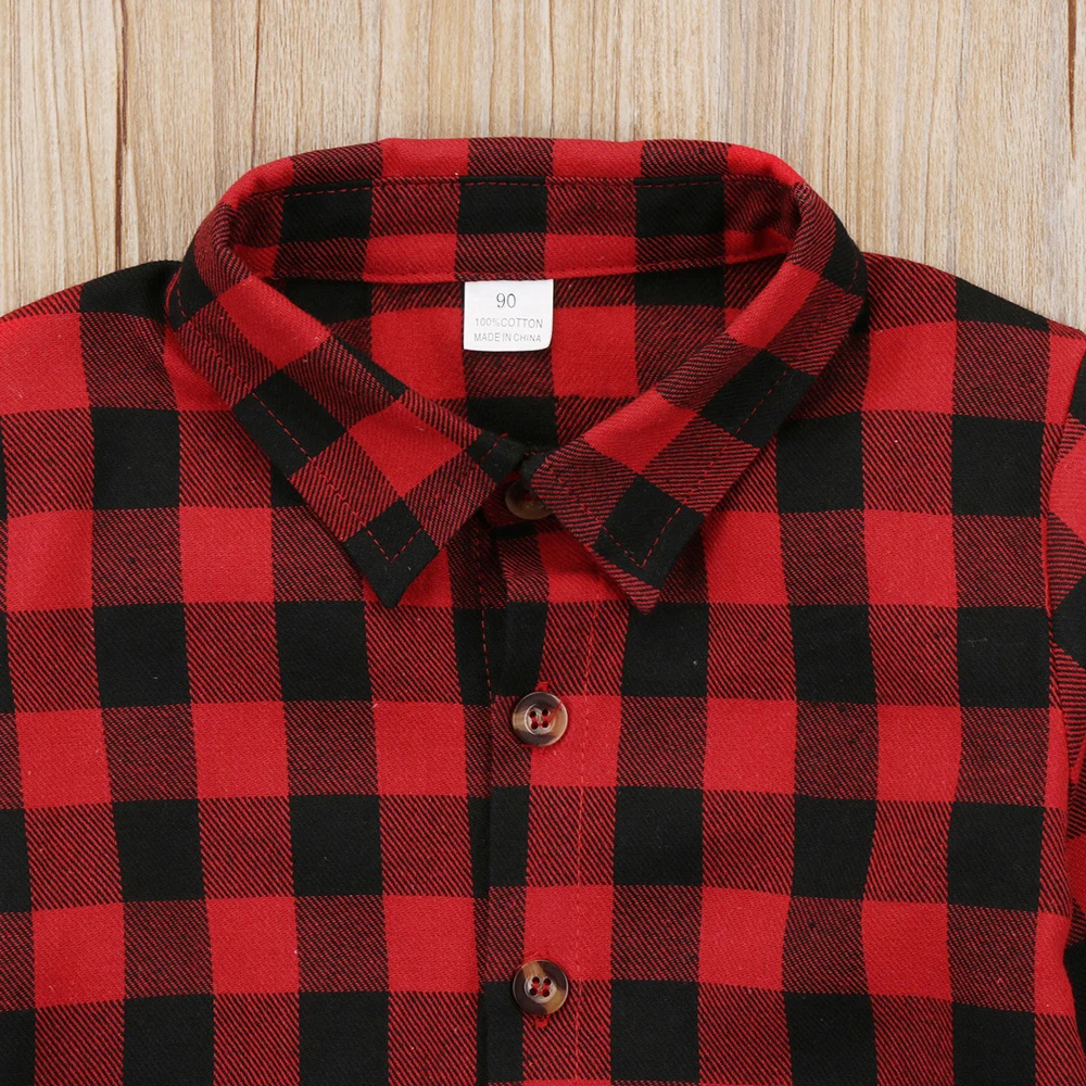 Pudcoco US Stock Toddler Kids Baby Boy Girl Plaid Letter Turn Down Collar Long Sleeve Cotton Tops Shirt Clothes
