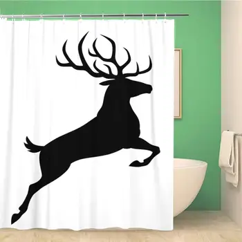 

Bathroom Shower Curtain Stag Black Deer Reindeer Jump Silhouette Leap Head Antelope Polyester Fabric Waterproof Bath Curtain
